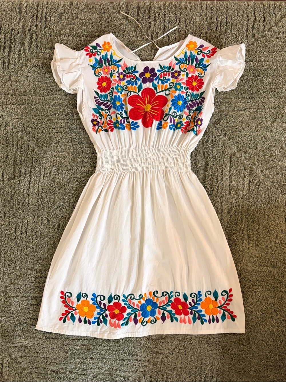Mexicana Embroidered White Cotton Dress with Belt